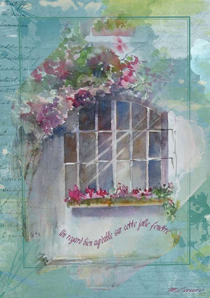 Jolie fenêtre fleurie et belle aquarelle