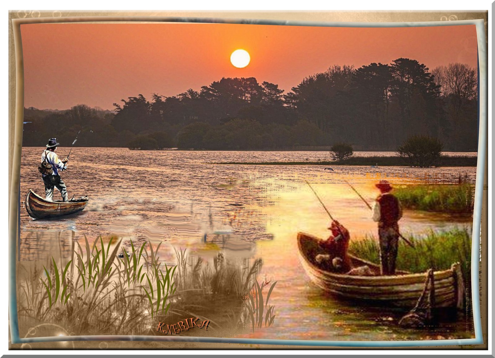pêcheurs sur le lac au soleil levant . Anne Marie jpg