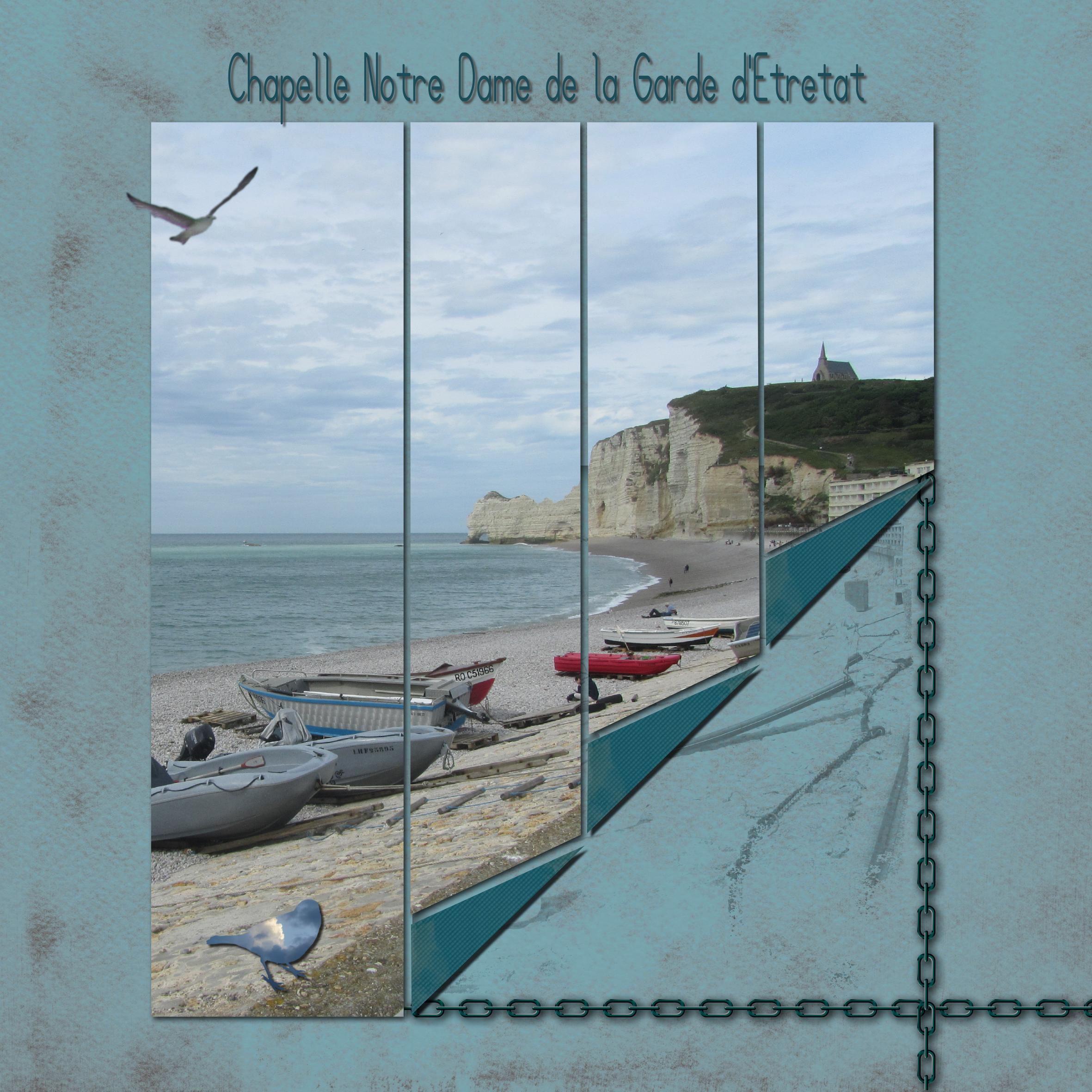 Plage d'Etretat avec ses  galets et sa chapelle sur la falaise  .jpg