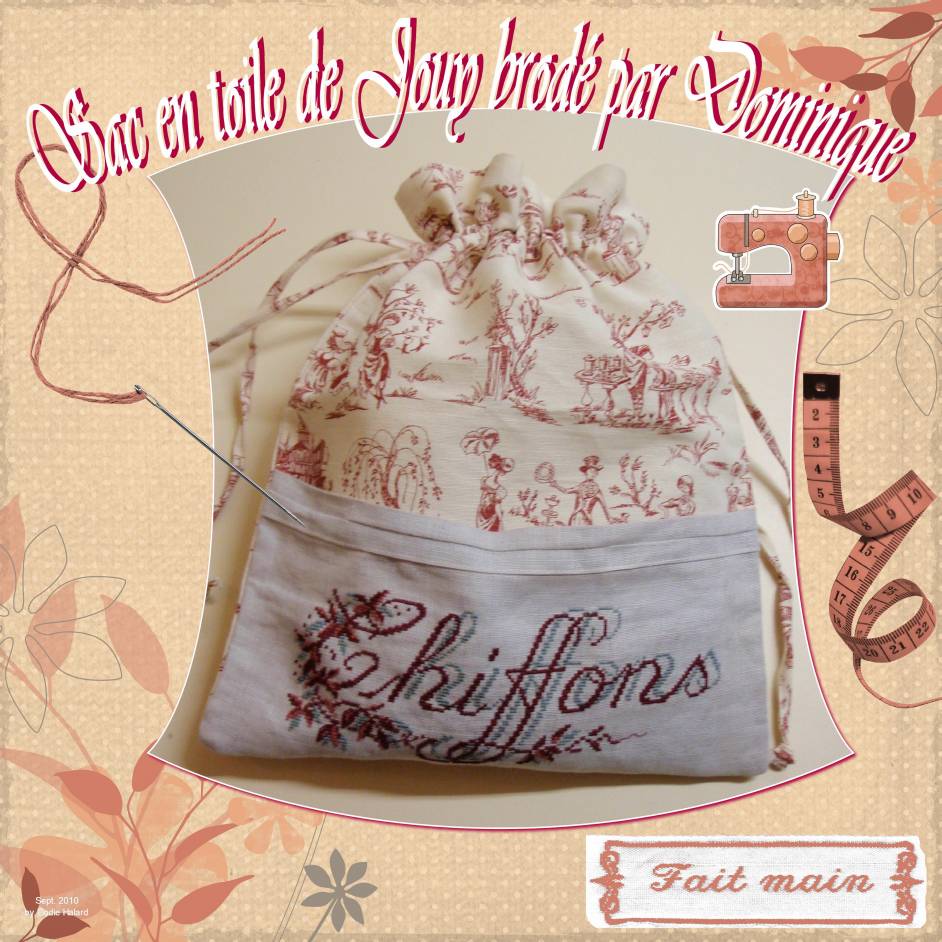 Sac en toile de Jouy et Brodé par mon amie Dominique